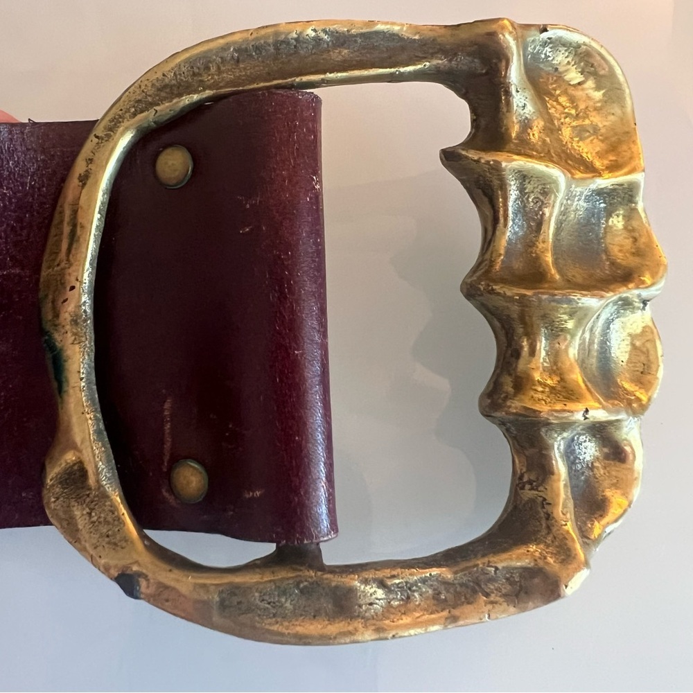Vintage Wide Burgundy Leather Solid brass buckle vintage belt - Picture 12 of 13